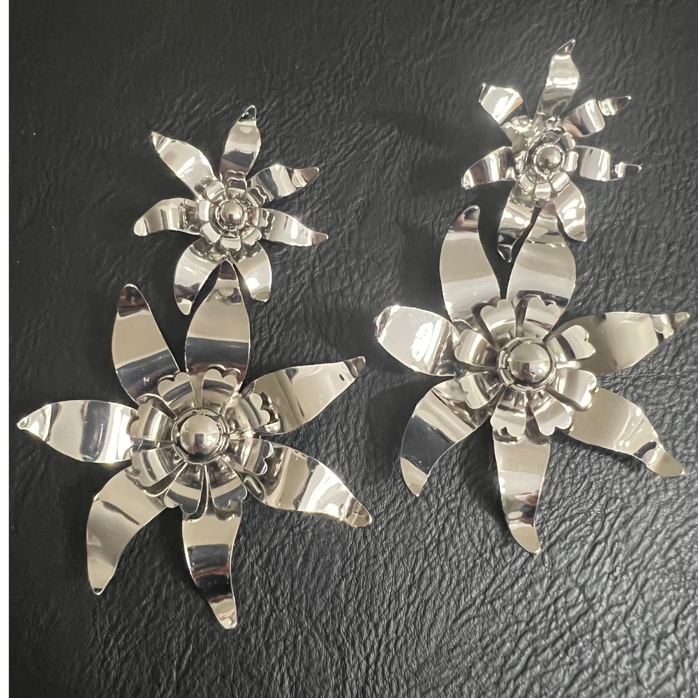 Silver Tone Double Layer Floral Statement Dangle Drop Earrings 3.5" Whimsical